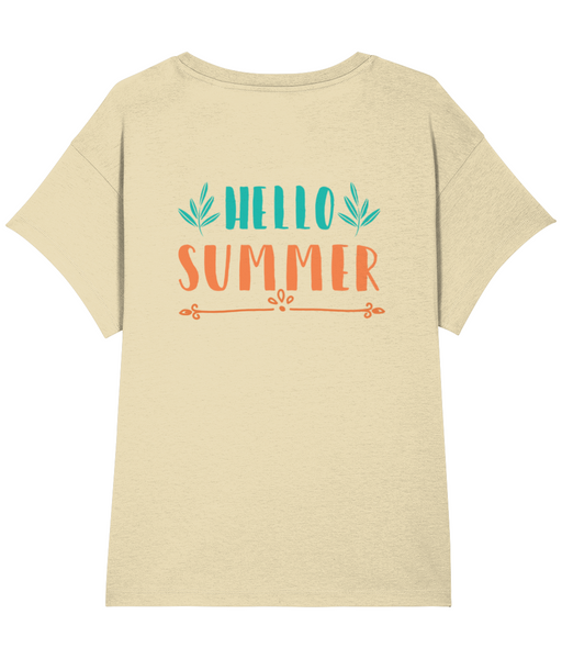 ‘Hello Summer’, Organic Women's T-shirt (Neck relaxed fit), Front and Back