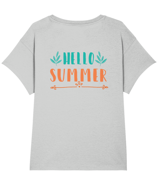 ‘Hello Summer’, Organic Women's T-shirt (Neck relaxed fit), Front and Back